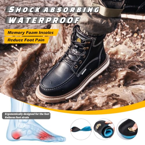 Image of KELODON Waterproof Steel Toe Boots For Men-6 inch Leather Moc Toe Work Boots Mens Steel Toe Shoes Indestructible Non Slip Resistant Construction Safety Boot
