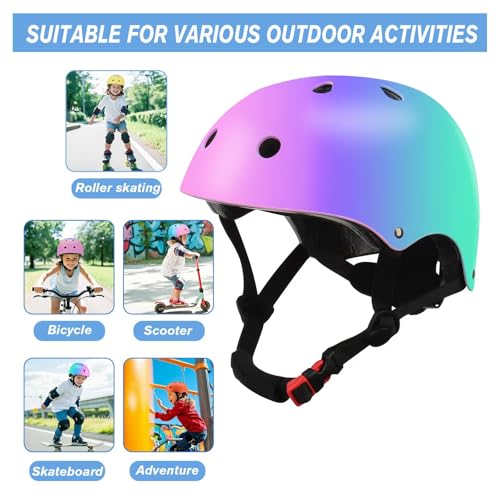 Image of Color Gradient Adjustable Kids Bike Helmet with Knee & Elbow Pads Set | Multi-Sport Safety Gear for Boys & Girls Ages 5-14 | Skateboarding, Scooters, Roller & Inline Skating, Longboarding