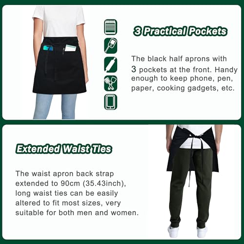 umboom 4 Stück Vorbinder Schürze, Schwarz Küchenschürze mit 3 Taschen, Kurz Koch Schürzen, Kellnerschürze Grillschürze Baristaschürze Taillenschürze für Herren Damen (Schwarz - Polybaumwolle)