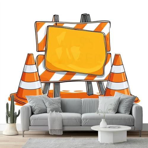 Fotomurales Señales de construcción, dibujos animados, Papel Tapiz Moderno 250 x 175 cm Papel pintado tejido no tejido coración Pared corativos Sala Living Oficina Dormitorio Naranja Blanco