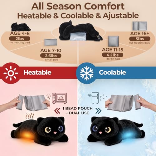 Image of Mewaii Weighted Stuffed Animals 5 lbs Adjustable, Heated & Coolable 23 Inch Plush for Realistic Hug, Microwavable Removable Inner Pad, Cat Gifts for Adults & Kids (Black)
