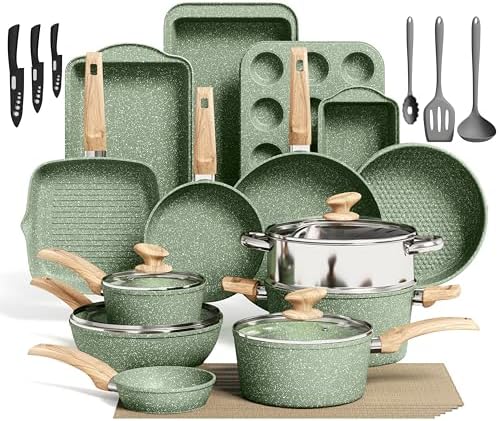 Alt Text for image 1: Green granite cookware set displayed with various pots and pans on a kitchen counter