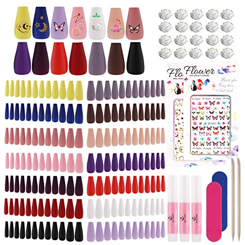 Lot de 160 faux ongles ballerine - Pure couleur mate cercueil - Avec colle à ongles (1 bouteille) - Full Cover Matte - Faux ongles en gel (8 couleurs) - Pour l’art de l’ongle Cover