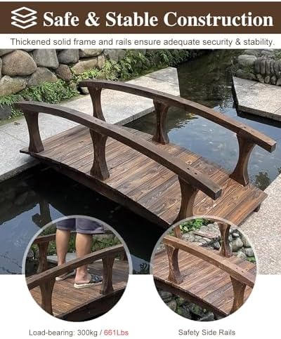 Wooden Garden Bridge with Side Rails - Curved Outdoor Footpath Decor for Yard, Deck, Patio - Japanese Style Classic Walkway
