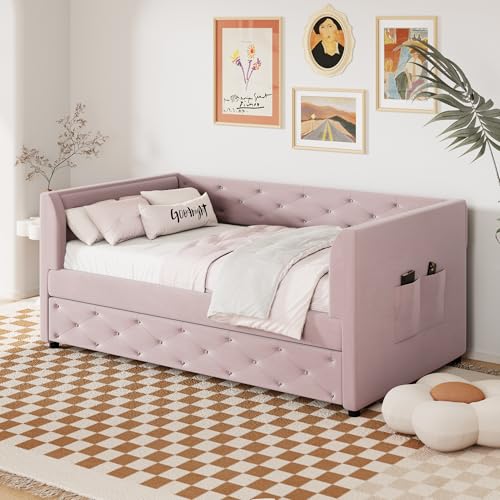 Pink Velvet Upholstered Daybed with Trundle and Storage for Living Room or Bedroom