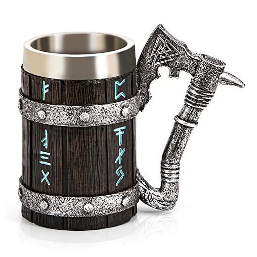 Viking Mug - Nordic Viking Rune Mug, Norse Mythology Gifts, Viking Beer Cup, Tankard Cup for Men, Wooden Barrel Cool Coffee Mugs, Beer Stein for Nordic Decor, Norse Decor, Viking Decor for Home