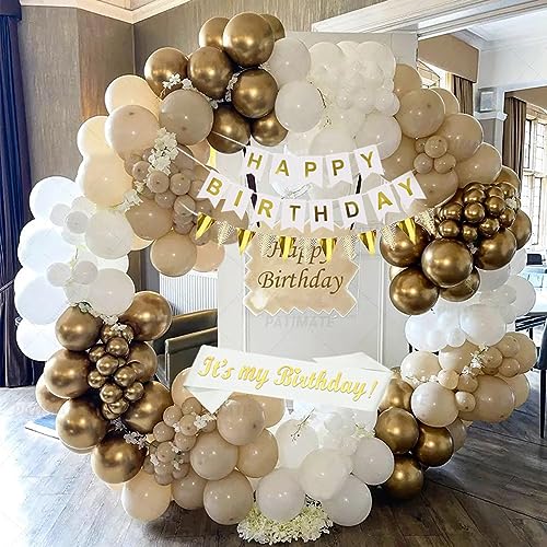 Geburtstagsdeko Set Beige Weiß Gold | 45 Luftballons + Banner + Schärpe | Pompoms & Kuchen Topper | Elegante Party Deko
