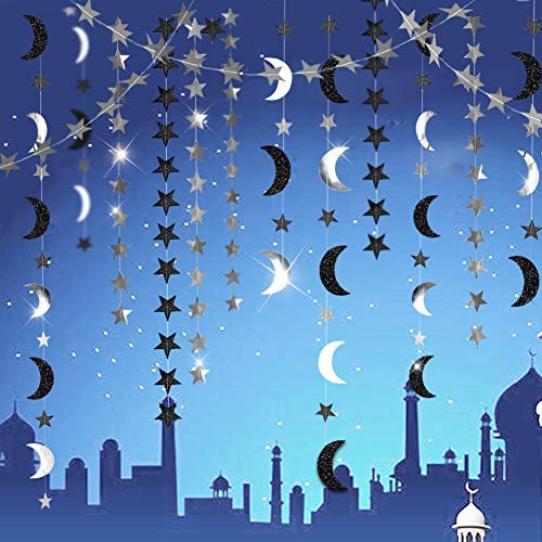 Ramadon Party Decoration Black Silver Crescent Moon Star Garlands Halloween Birthday Decorations Hanging Twinkle Star Garlands For Bday Wedding Eid Retirement Graduation New Year Even Party Suppies #TOP6