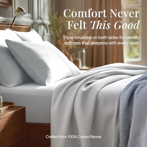 Image of Tribeca Living Triple Brushed Soft Cotton Flannel Sheets Set, Twin XL Size 170-GSM Weight Extra Deep Pocket Sheet in Solid Sky Blue Color