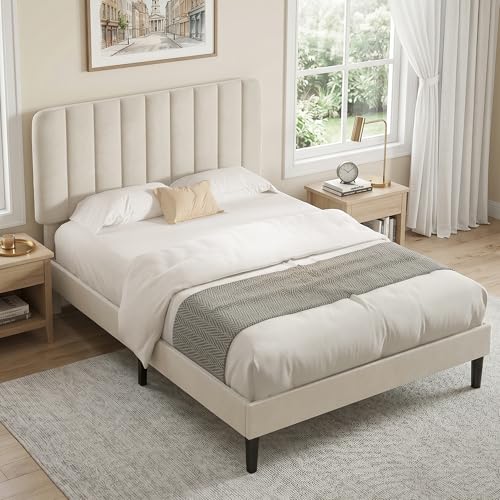 Image of VECELO Full Size Bed Frame with Upholstered Headboard, Velvet Platform Bedframe Mattress Foundation, Strong Wood Slat Support, No Box Spring Needed,Bone Beige