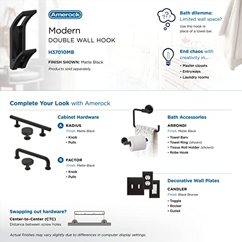 Image of Amerock Avid Double Prong Matte Black Wall-Mounted Hook | Decorative wall hook in durable zinc construction for coats, hats, bags, towels, and everyday organization