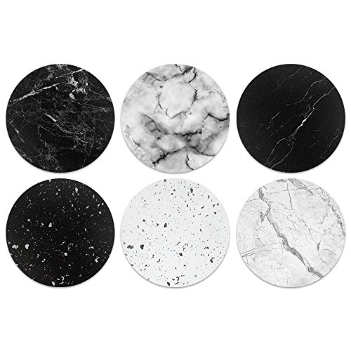 CARIBOU Coasters , Black White Marble Design Absorbent ROUND Fabric Felt Neoprene Coasters for Drinks, 6pcs Set