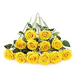 Laelfe 12 PCS Artificial Flowers Roses Silk Flowers Fake Long Stem Artificial Roses for Home Wedding Decorations (Yellow)