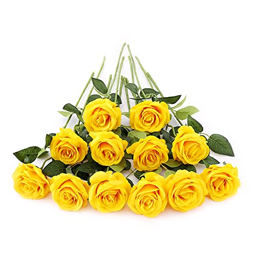 Laelfe 12 Pcs Artificial Yellow Roses