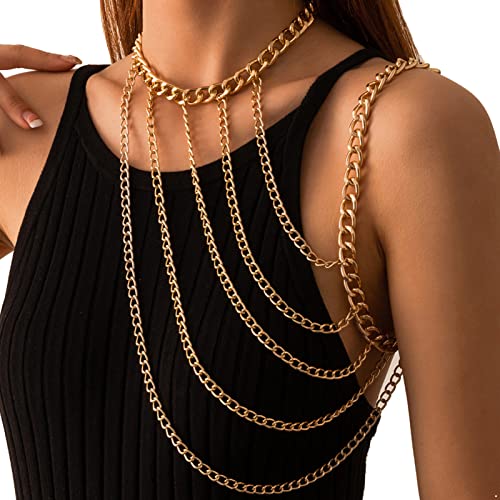 iEFiEL Damen Mehrschichtige Kette Quaste Schulter Halskette Sexy Körperkette Brustkette Strand Körper Schmuck Clubwear Hip Hop Tanzen Verkleidung Accessories Gold A One Size Cover