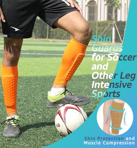 HiRui Soccer Shin Guards Shin Pads for Kids Youth Adult, Calf Compression Sleeve with Honeycomb Pads, Support for Shin Splint Baseball Boxing Kickboxing MTB, Lightweight(1PAIR)(Orange, L)