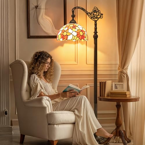 DWVO Tiffany Floor Lamp, Stained Glass Shade Gooseneck Reading Floor Lamp, Adjustable Corner Standing Light with Foot Switch for Bedroom Living Room Office (Bulb not Included)