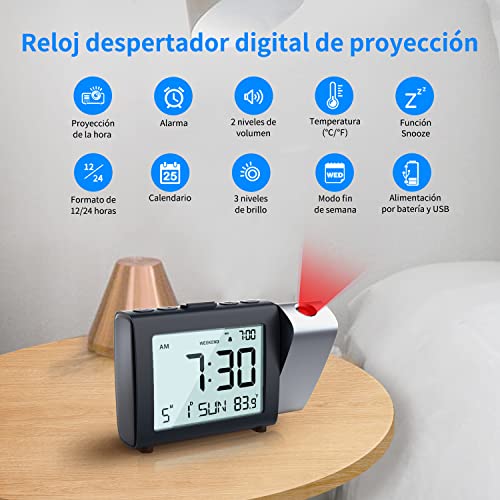 Miniatura 2 de Meesmeek Reloj Despertador De Proyección Digital: Pantalla Lcd Clara Con Temperatura Fecha 12 24h Y Modo Fin De Semana, Brillo Y Volumen Ajustables, Reloj A Pilas Para Niños Ancianos Dormitorio Rojo