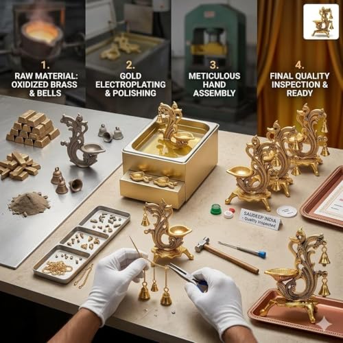 Image of Saudeep India Oxidized Metal Diya for Puja | Peacock Design Oil Diwali Lamp | Antique Akhand Diya for Temple, Home Decor, Pooja Room, Festivals (Gold, 14x9x20cm) (Pack of 1)
