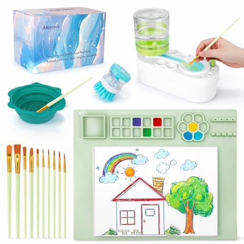 Painting Station Silicone Painting Mat 20X16 and Paint Brush Cleaner (Pre-Assembled) 10 Paint Brushes and Foldable Silicone Paint Brush Cleaner Bowl for Artist Kids Adults Birthday Gifts (Green)