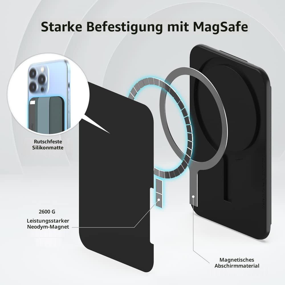 Sinjimoru Magnetischer Kartenhalter mit elastischem Fingerhalter, Handy Kartenetui mit weichem Band kompatibel mit MagSafe Wallet für iPhone 17, 16, 15, 14 & 13 Reihe. M-Band Schwarz