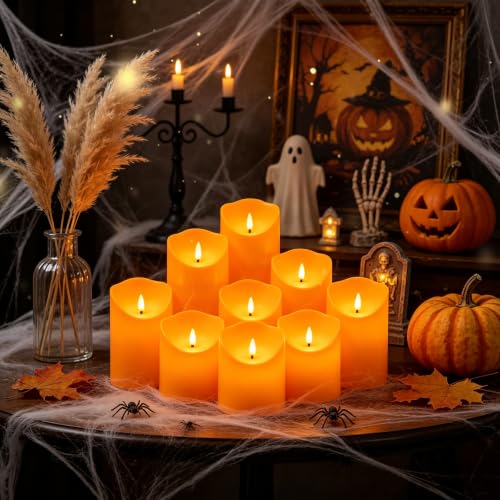 Image of Nimiko Flameless Candles with Remote, Battery Operated Flickering Flameless Candles, LED Candles with Timer 2 /4 /6 /8H, with Realistic LED Candles Set of 9 (D3 x H 3 inch 4 inch 5 inch 6 inch 7 inch) (Orange)