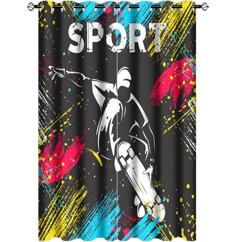 Brebasf Cool Sport Skateboarding Perforated Window Treatments,Modern City Street Colorful Graffiti Hip Hop Hippies Curtain Suitable for Bedroom,Living Room,Kitchen-2 Panels 63