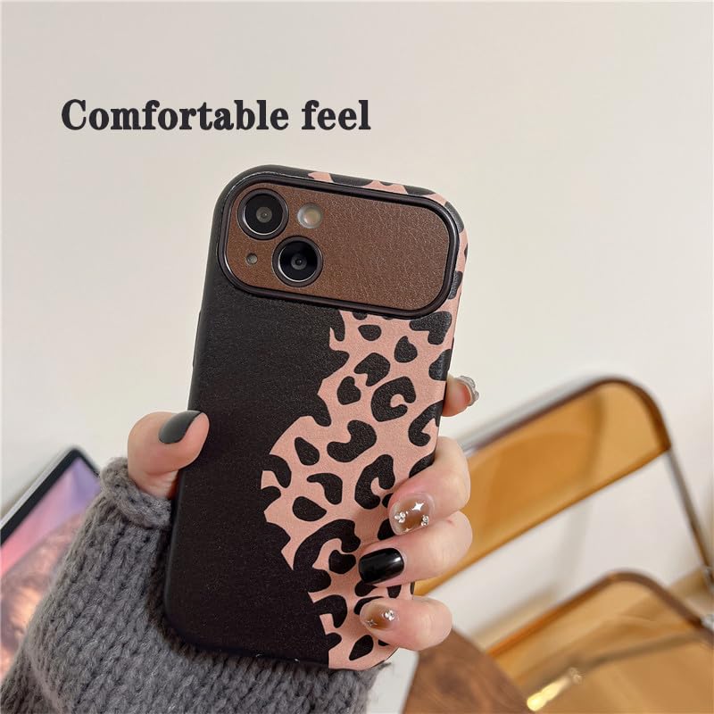 Funda Delgada para iPhone 15 Pro Max/15 Pro/15, Moda Leopardo Estampado Patrón Cuero Carcasa, Cámara Lente Protección Cubierta,Negro,15