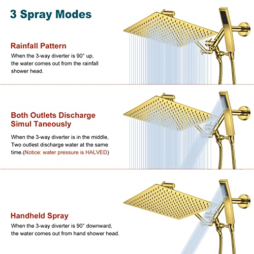 Hotqing 12 Inch All Metal Rain Shower Head With Handheld, High Pressure Dual Shower Head Combo With 15 Inch Adjustable Extension Arm, Shower Hose, 3-Way Diverter - Height/Angle Adjustable - Gold #TOP4