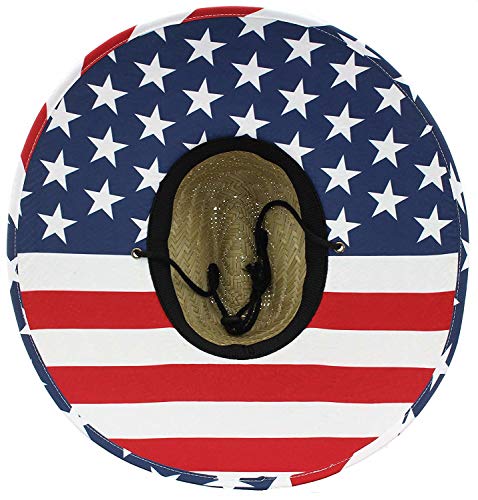 Jfh Patriotic American Flag Under Brim Print Straw Sun Hat With Chin Cord (One Size) #TOP2