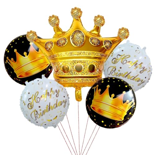 Image of Propsicle Golden Crown Foil Balloon Set of 5 for Birthday Decoration, Includes 1 Crown with 2 Black and 2 White Round Foil Balloons, Prince Princess Theme for Kids and Adults Celebration Backdrop