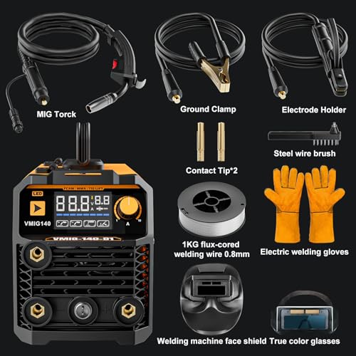 VIGRUE 140A MIG Welder, 110V IGBT Inverter Welder, Flux Core MIG/Lift TIG/Stick/MIG 3 in 1 Welding Machine with Synergic Control, LED Display & Full Kit (Welder Helmet, Gloves)