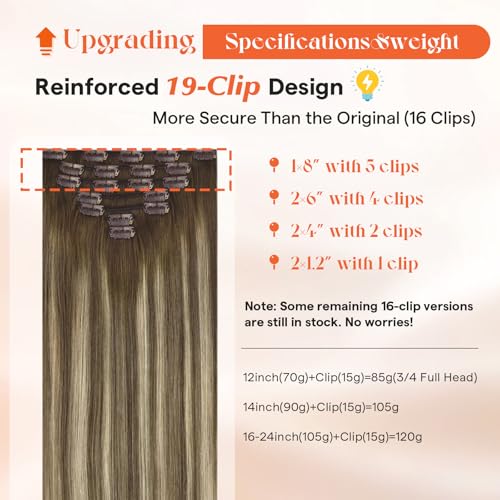 Image of Sunny Hair Clip in Hair Extensions Real Human Hair Brown Blonde Balayage | 18 Inch Real Hair Clip in Extensions, Natural Volume and Balanced Length with Soft Hair for Work & Date Night 120g