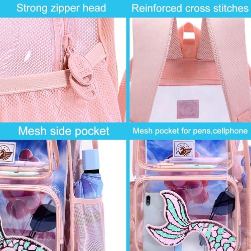 Image of AGSDON 3PCS Clear Backpack for Girls, Kids Mermaid Transparent Backpack with Heavy Duty PVC, See Through Backpacks with Lunch Bag-Pink