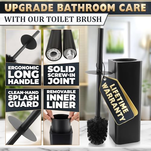 Image of Black Toilet Brush and Holder Set - Slim Matte Design that Fits Anywhere - Stainless Steel Toilet Bowl Brush and Holder with 2 Rounded Corners, Replaceable Head, Removable Inner Bowl & Splash Guard