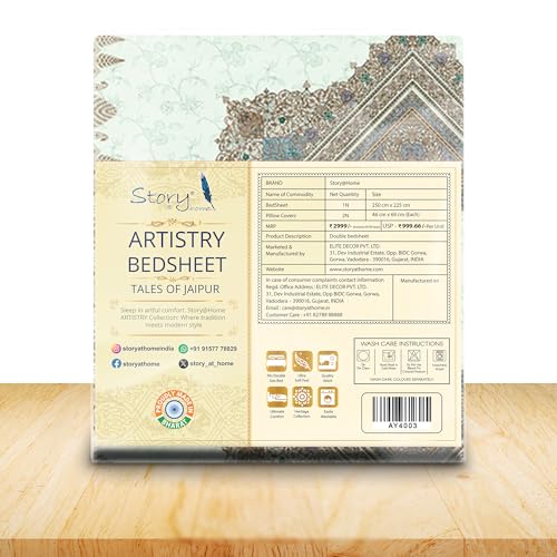 Image of Story@Home Rajasthani Theme Jaipuri Sanganeri Handblock Print Double Bedsheet 250x225 cm | Cotton Feel 240 TC Ultra Soft Fabric | Ivory Motif | Wrinkle Free Bedding Set