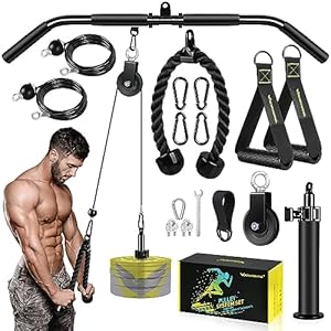 Fitness LAT and Lift Pulley System Gym – Upgraded LAT Pull Down Cable Machine Attachments, Loading Pin, Handle and Tricep Rope, for Biceps Curl, Forearm, Triceps Exercise Gym Equipment
