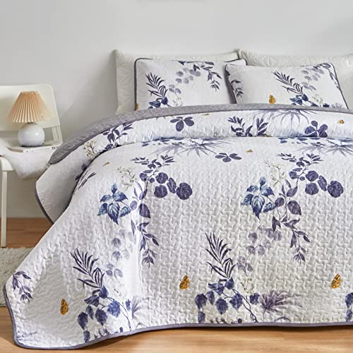 Joyreap 3-teiliges botanisches Bettwäsche-Set für King-Size-Betten, Tintenmalerei, graues Blumenmuster, glatte weiche Mikrofaser-Steppdecke, 1 Steppdecke und 2 Kissenbezüge, 259.1x228.6 cm Cover