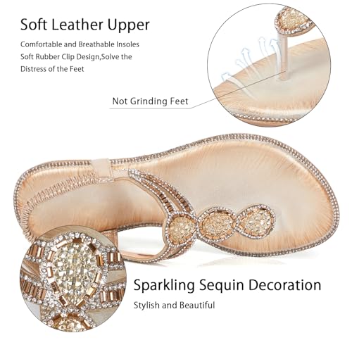 Image of iCKER Women Rhinestone Sandals T-Strap Buckle Bohemian Pearl Crystal Flat Sandals