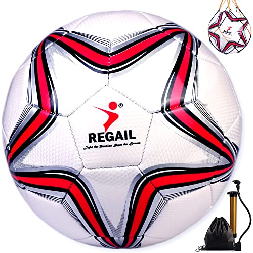 Fußball Ball 5 Größe Trainingsfußball Verhindern Sprengen Weicherball Training Ball Mit Netz und Luftpumpe Gasnadel für Teenager Erwachsene Team Übung Match Fußball Ball Freizeitbälle (weiß/rot) Cover
