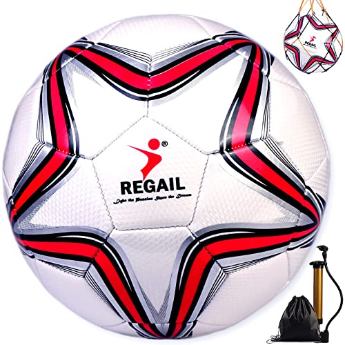 Fußball Ball 5 Größe Trainingsfußball Verhindern Sprengen Weicherball Training Ball Mit Netz und Luftpumpe Gasnadel für Teenager Erwachsene Team Übung Match Fußball Ball Freizeitbälle (weiß/rot)