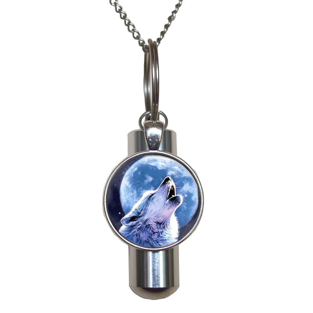 KeepsakeJewelry Howling Wolf Moon Urn Cremation Necklace Locket, Perfume Vial, Ashes Locket, Silver Howling Wolf Moon Cremation Locket, Silver Ashes