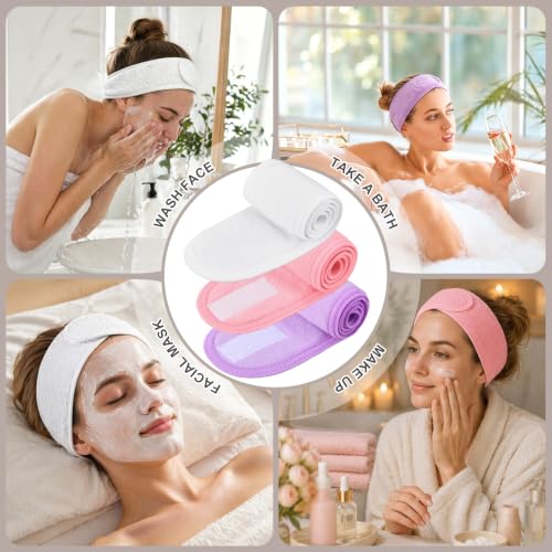 Image of Whaline 3Pcs Spa Facial Headbands Make Up Wrap Head Terry Cloth Headband Soft Adjustable Towel Band for Face Washing Shower Facial Cover Yoga (White, Light Pink, Light Purple)