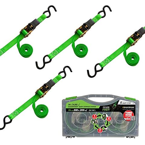 SMARTSTRAPS - 101W QuadWinder 14’ Padded Ratchet Tie Down, Green (4pk) - Patented Self-Loading Storage Case - 1,500lb Break Strength, 500lb Safe Work Load – Haul Lighter Loads Like ATV’s, Mowers and More Cover