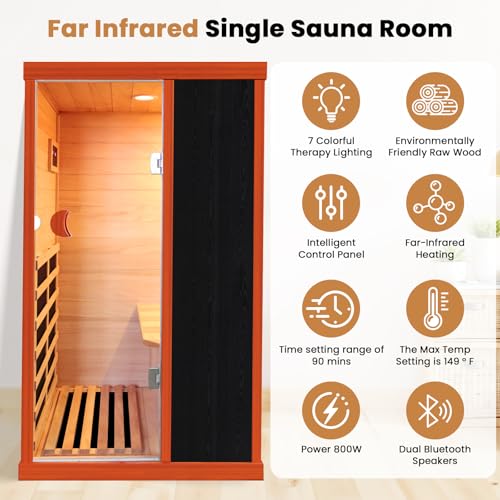 Image of OUTEXER 1 Person Sauna Far Infrared Sauna 1200W Indoor Home Sauna Low EMF 110V with Control Panel 7 Color Light 28.7 * 35.2 * 61.4 inch