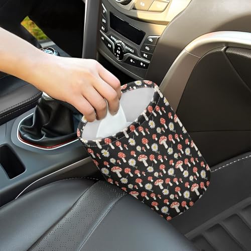 Image of Mushroom Daisy Printed Car Waste Basket Can Universal Waste Basket Bin Waste Auto Basket Can with Adjustable Strap Hanging for Office, Kitchern