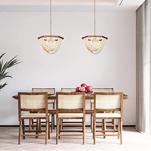 Beaded Chandelier, Gold Wood Chandelier Light Fixture With White Bead, Modern 4 Light Boho Hanging Lights For Dining Room, Living Room, Antique Gold #TOP2
