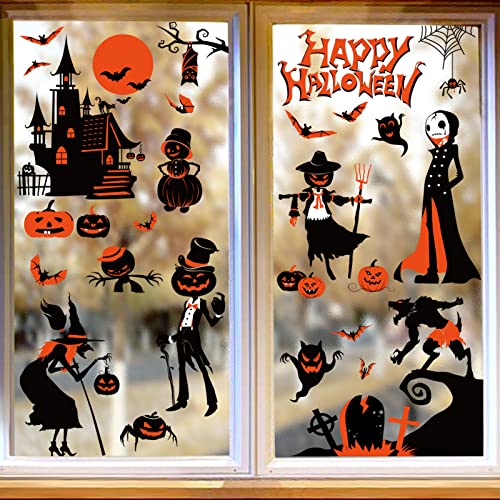 VARACL Halloween Fensteraufkleber, 9 Blatt Halloween Fensterbilder mit Hexen Fledermäusen Kürbis Geist für Halloween Fensterdekoration, doppelseitige große statische Aufkleber für Halloween Party Cover