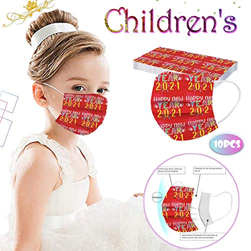 BEUU 10PCS Colorful 2021 Happy New Year Printed Kids Disposable Face_Mack, Children Boys and Girls Three-Layer Face Covering for Air Pollution Protection, Daily Protection for Office, Outdoor - Image 3