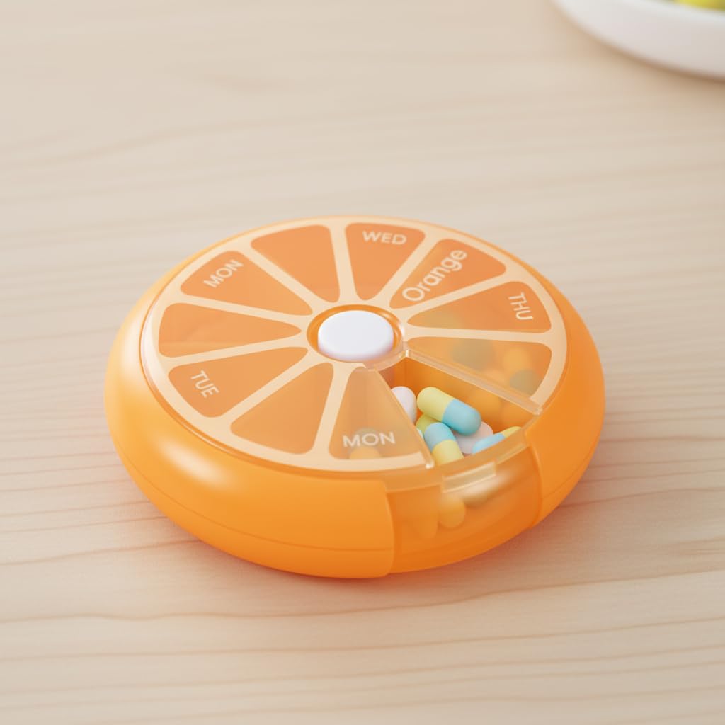 Yosoo Pilulier portable lot de 3, rotatif, pour les 7 jours de la semaine, étui de rangement des médicaments, distributeur de vitamines, conteneur de stockage, orange/citron/pomelo